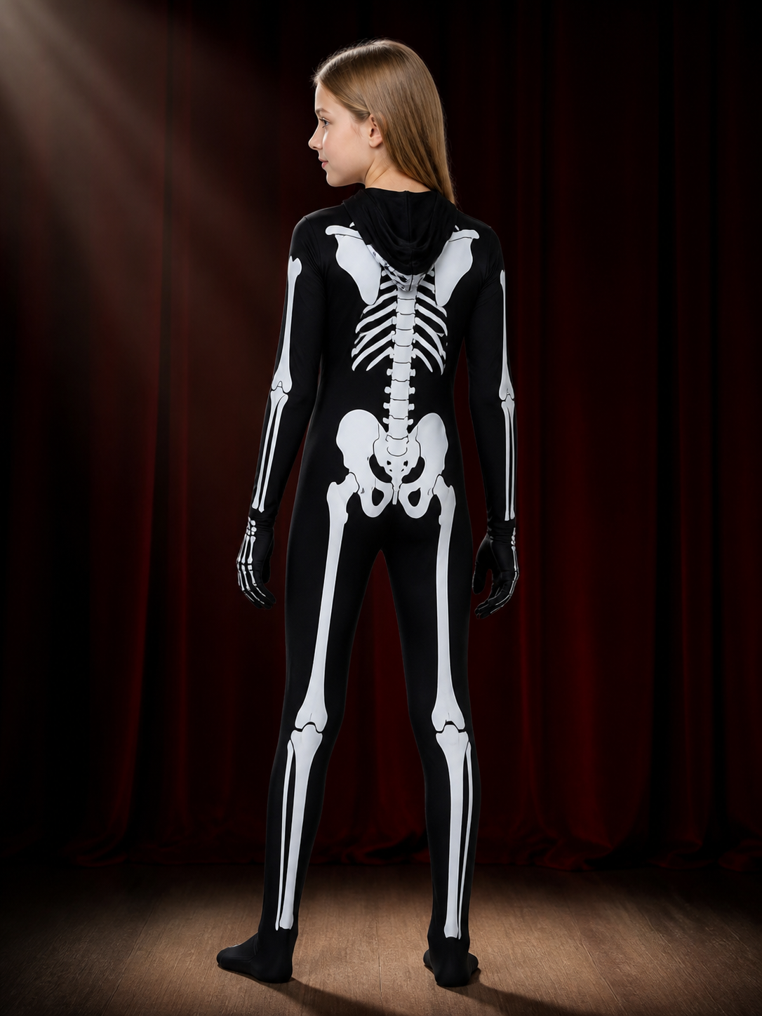 Halloween Skeleton Jumpsuit Costume, Black With White Bone Print back view