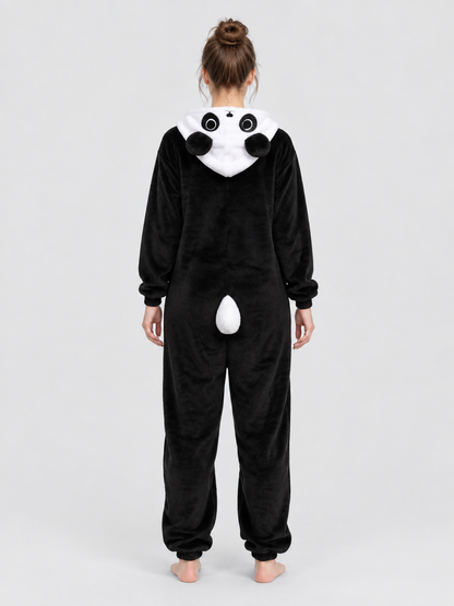 Black and White Panda Hooded Pajama Jumpsuit with Ears