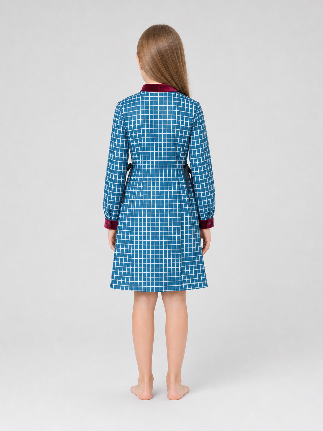 Esther from Orphan cosplay dress in blue plaid back view