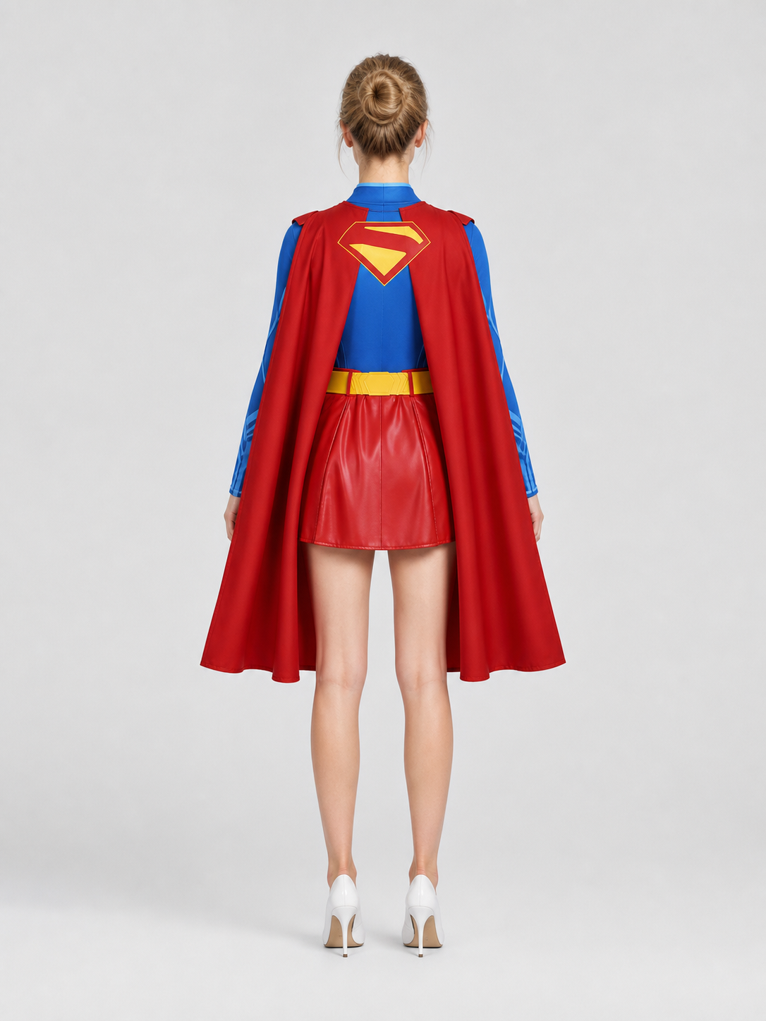 Superhero costume: top, skirt, belt, and long cape back view