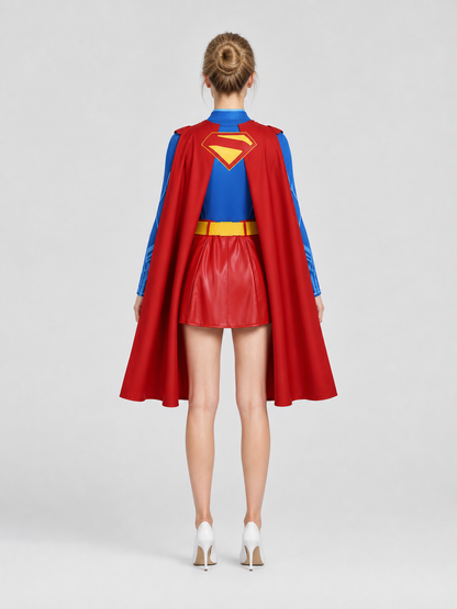 Superhero costume: top, skirt, belt, and long cape back view