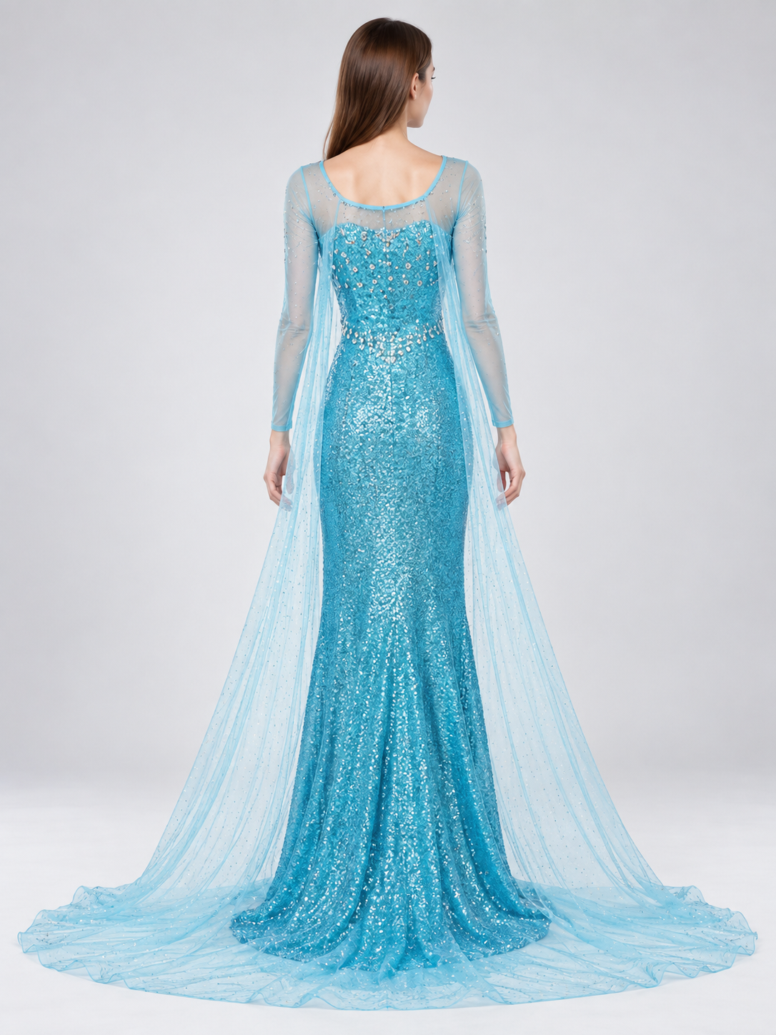 Turquoise Floor-Length Sequin Dress with Train back view