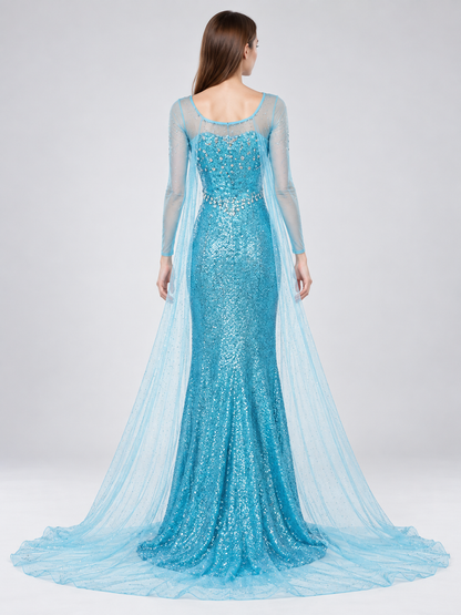 Turquoise Floor-Length Sequin Dress with Train back view