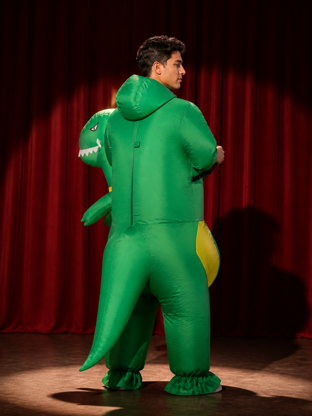 Green Inflatable Riding Dinosaur Costume, Funny Halloween Suit with Yellow Belly back view