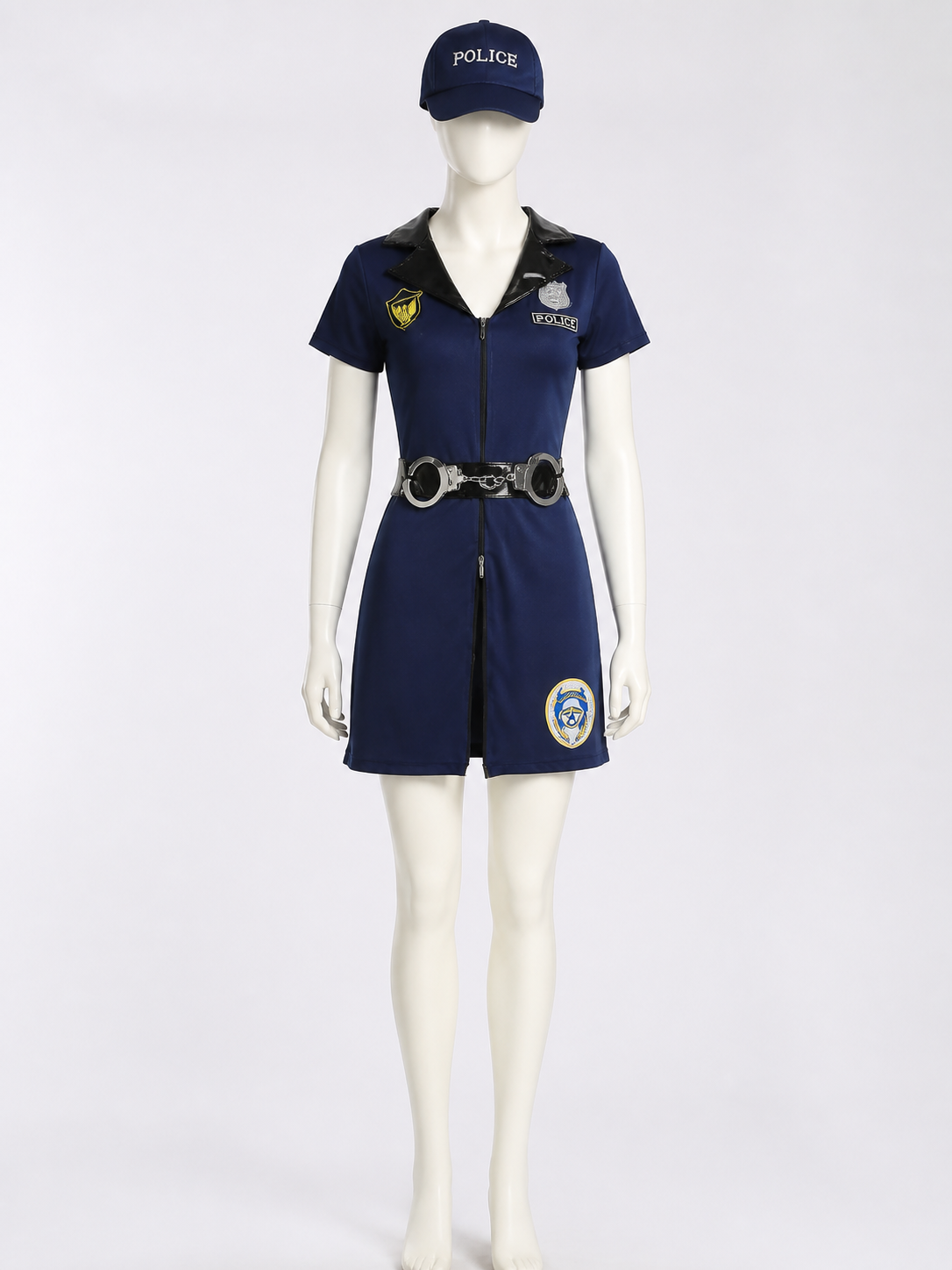 Women's Police Officer Costume Set, Short-Sleeve Jumpsuit With Hat, Belt And back view