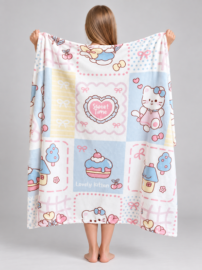 Blanket with Pastel Print and Cartoon Kitten