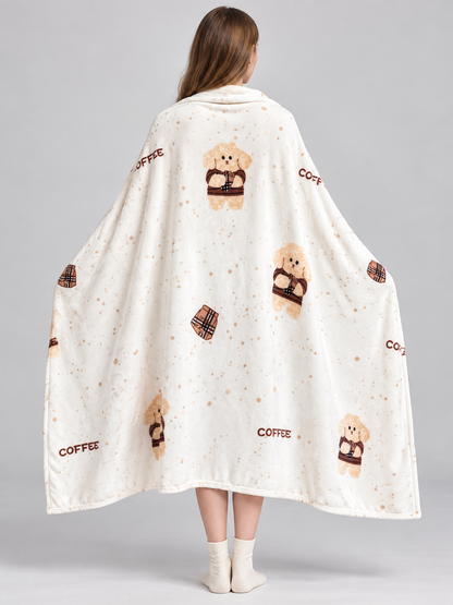 Throw Blanket with Dog and Coffee Cup Pattern