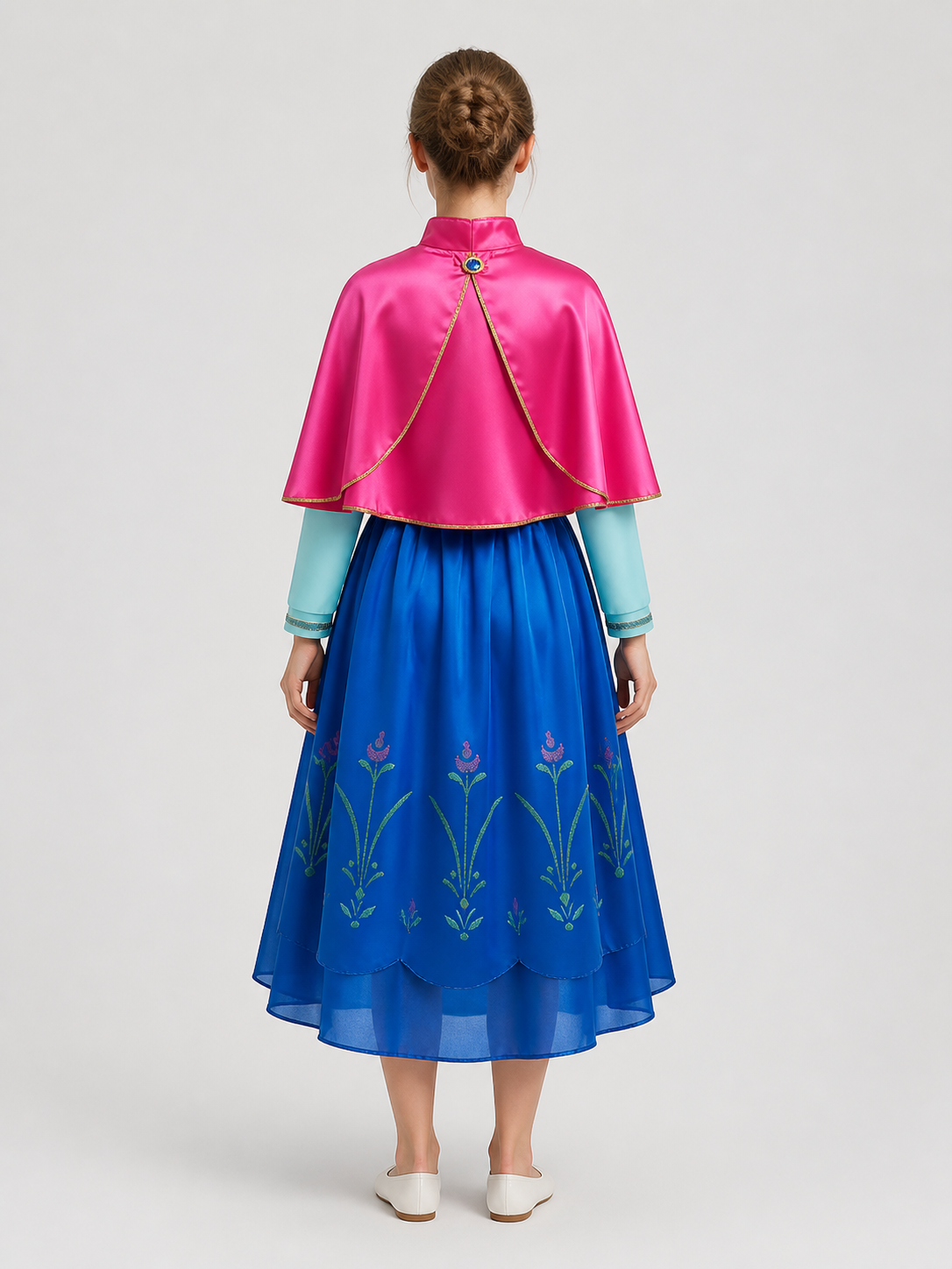 Princess Elsa Dress with Blue Skirt and Pink Cape back view