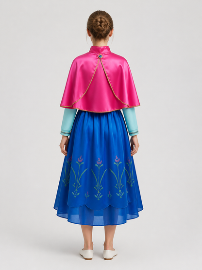 Princess Elsa Dress with Blue Skirt and Pink Cape back view