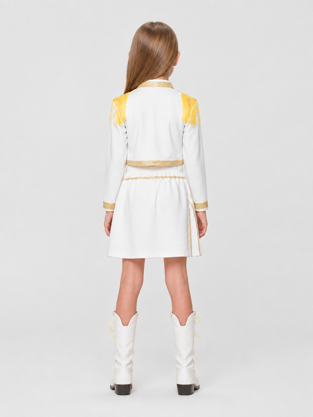 White Children’s Demon Hunter Costume with Gold Fringe back view