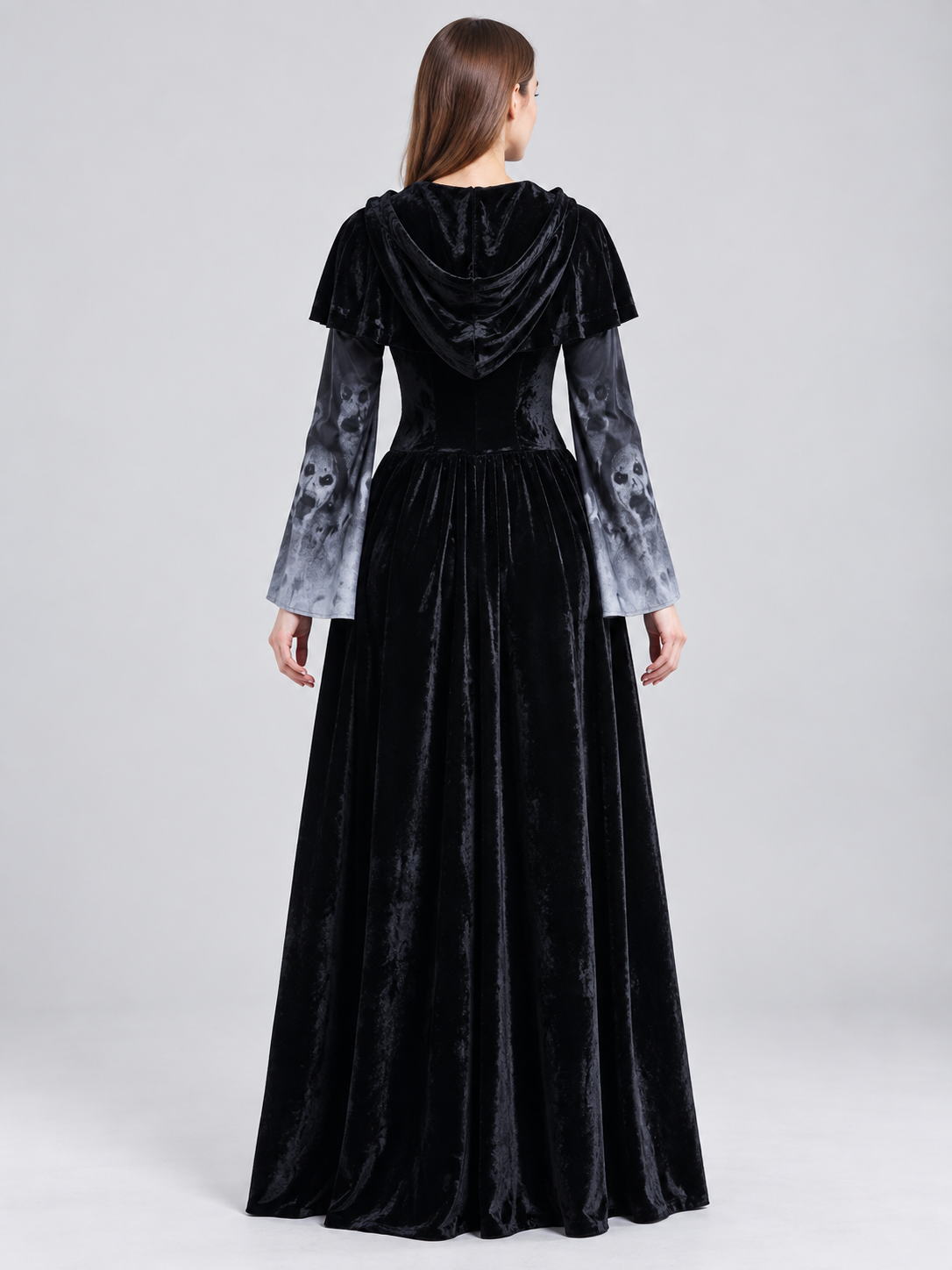 Gothic Hooded Dress with Lace-Up Detail and Skull Print back view