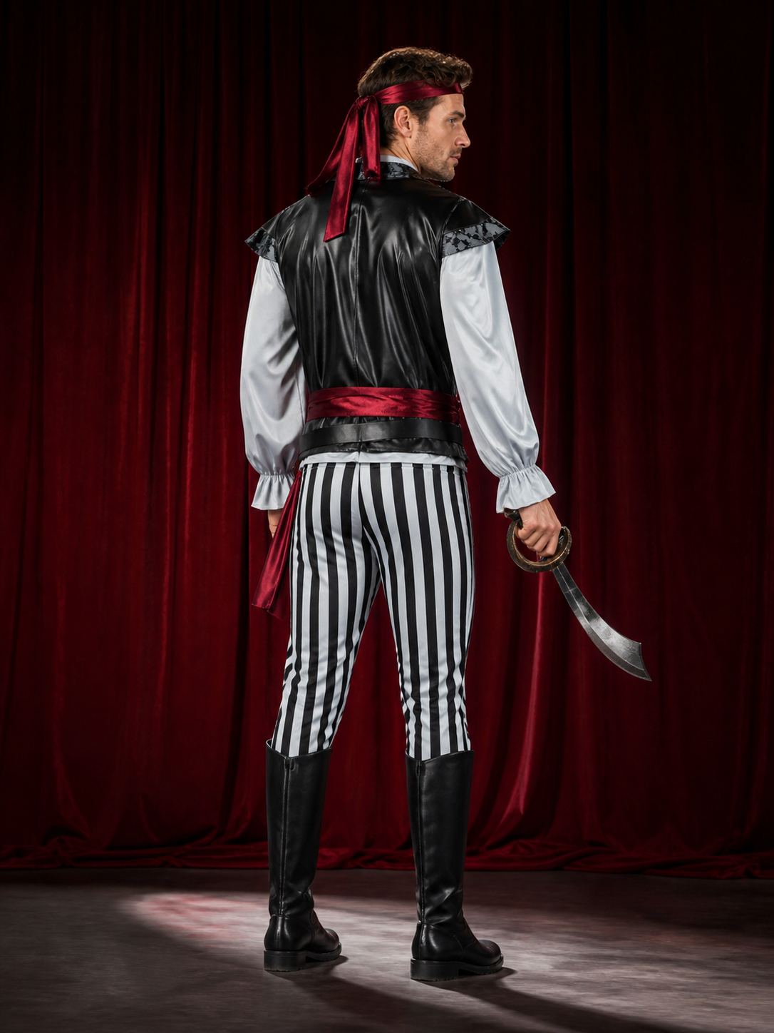 Adult Pirate Costume Set with Striped Pants, Vest, Shirt, Headscarf and Belts back view