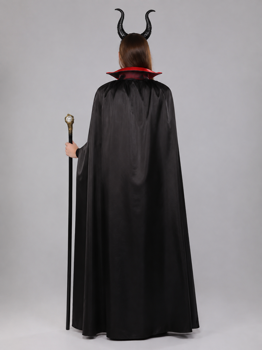 Carnival Costume with Black Cape, Horns, and Staff back view