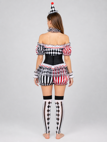 Clown Costume for Cosplay with a Full Skirt and Ruffles back view