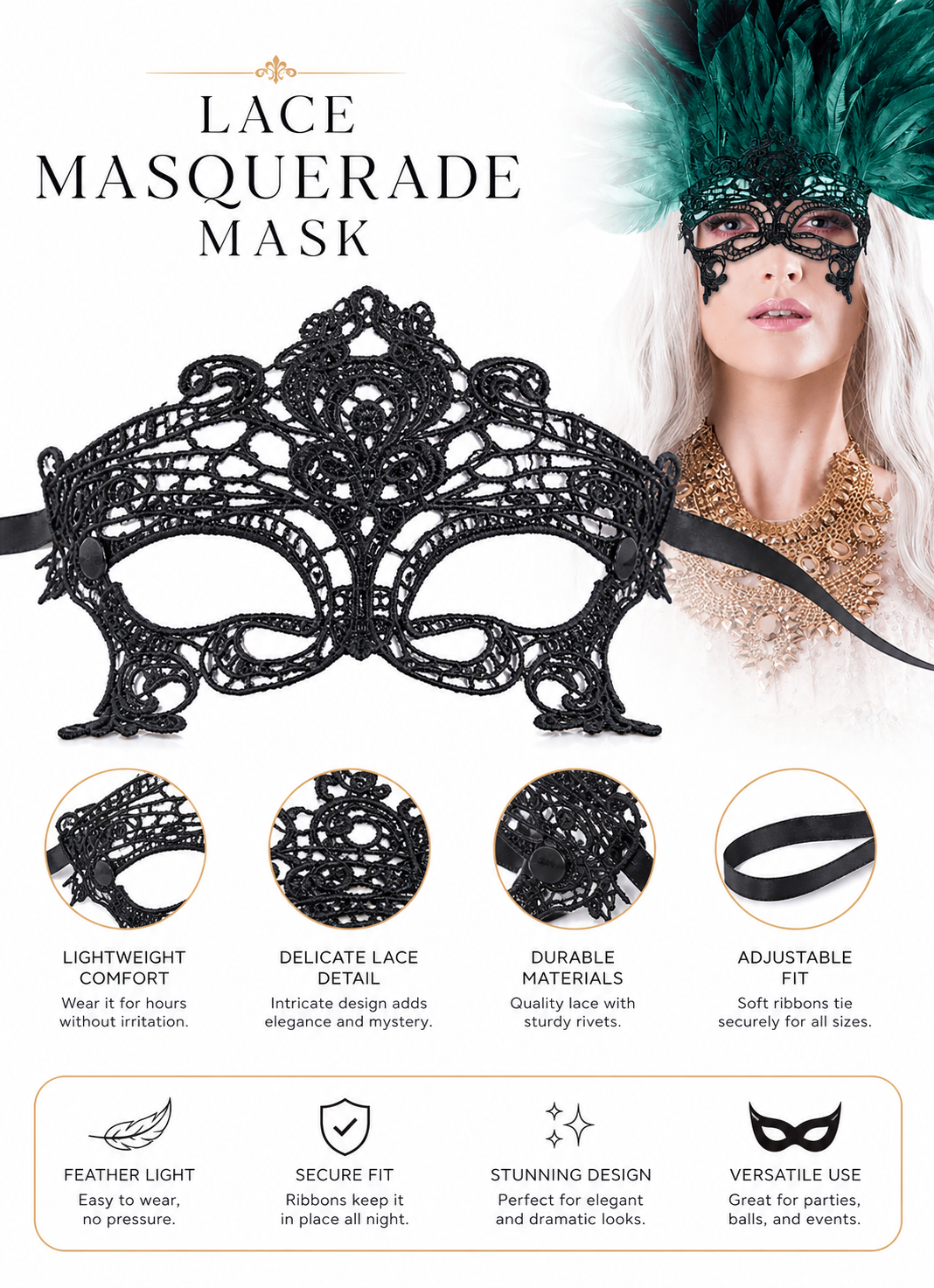 1pc Green Feather Headpiece With Black Lace Eye Mask, Exaggerated Party Style back view