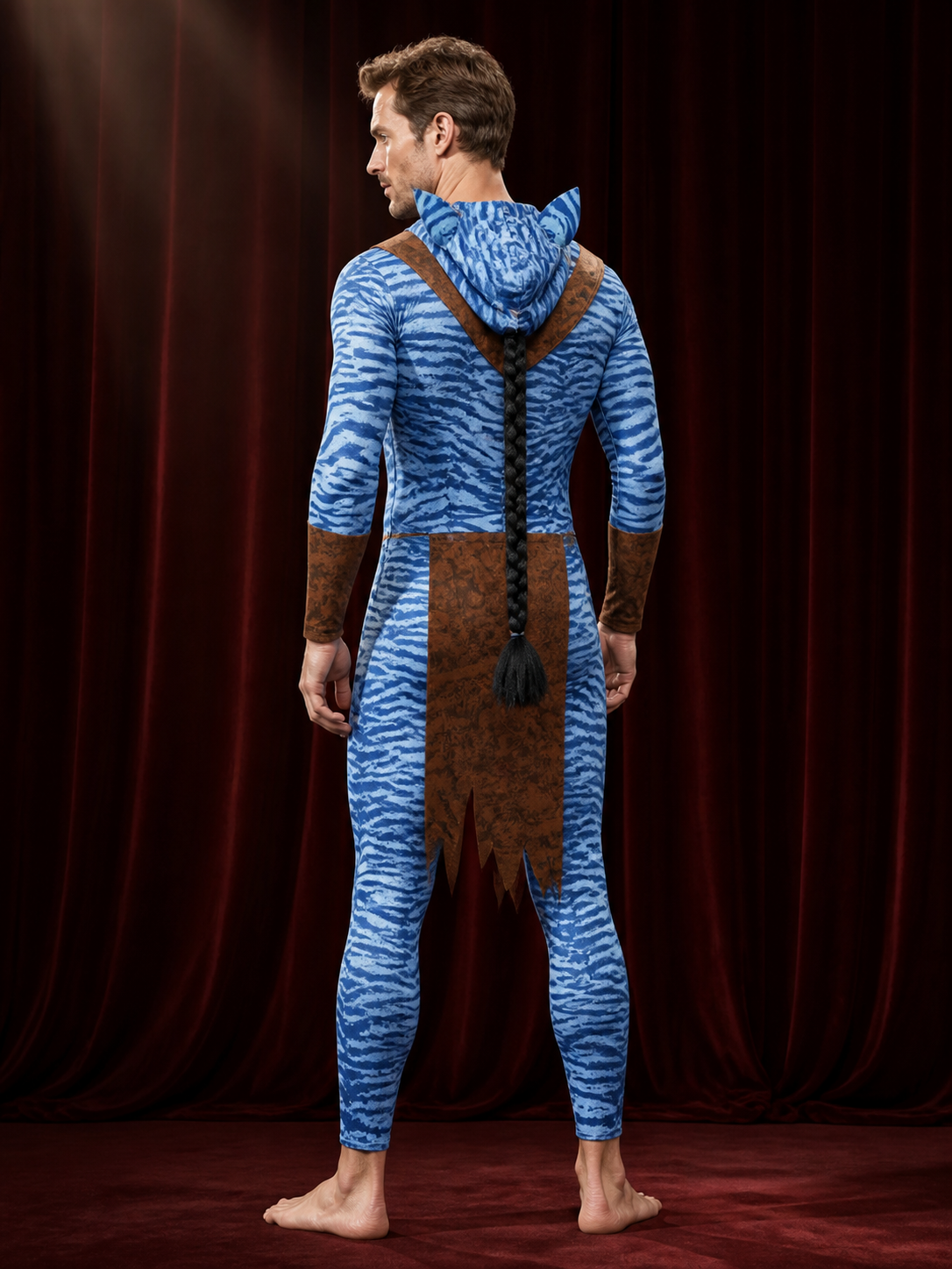 Blue Striped Alien Bodysuit Costume with Brown Panels for Adults Halloween back view