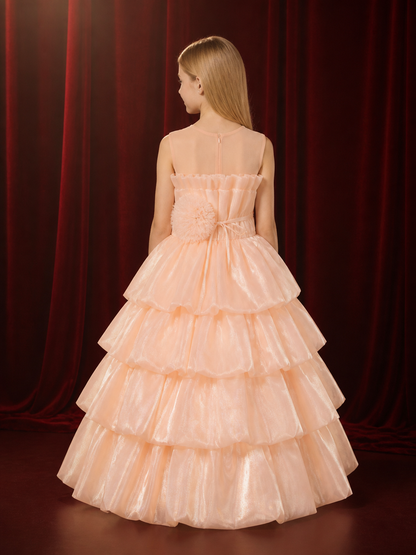 Girls' Pink Princess Cake Dress, Layered Ruffle Skirt with Tulle Flowers and back view