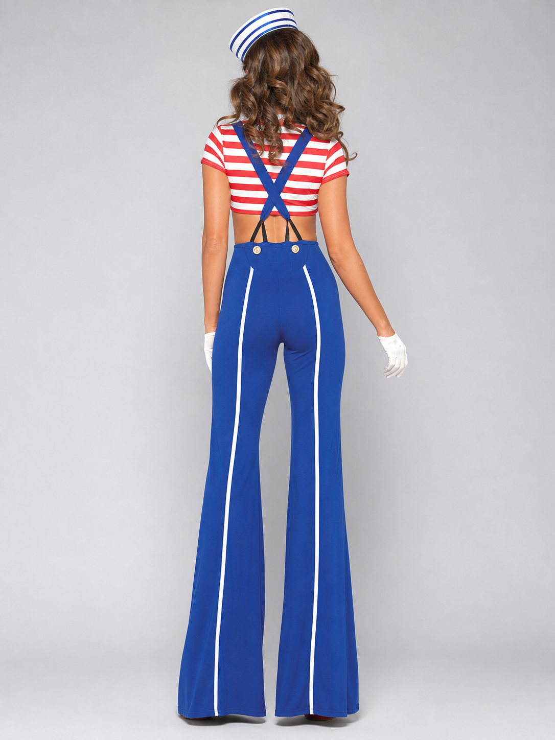 The set features a nautical style and consists of a short-sleeved top and suspender pants. The design combines white, red, blue, and gold colors. The top is decorated with red-and-white horizontal stripes, front lacing, and an open waistlin
