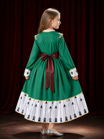 Kids Princess Costume Dress with Arrow Print and Gold Trim, Long Sleeve Party back view