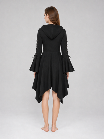 Gothic Hooded Dress with an Asymmetrical Hem