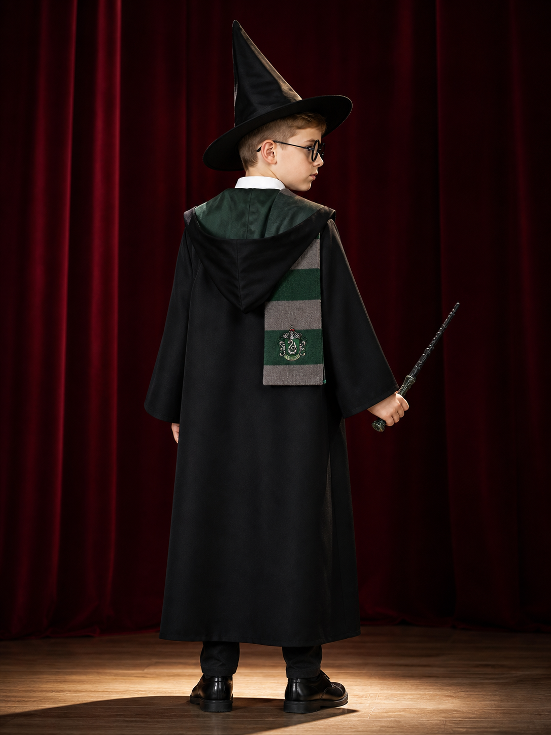 Children's Magic Academy Wizard Costume Set, Hooded Robe With Hat, Scarf back view