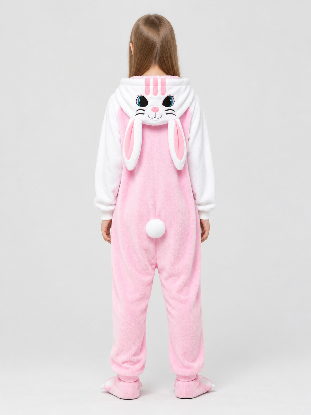 Pajama jumpsuit with bunny ears, white and pink