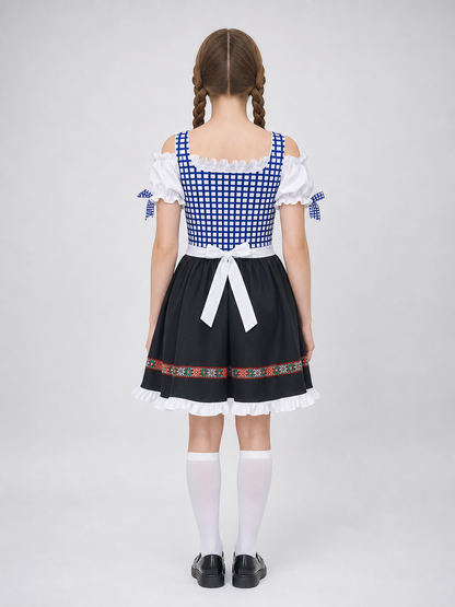 Historical national costume featuring a blue-and-white check pattern with a black lower panel. The design includes a white apron front and long blue lacing on the chest. Red-and-green ethnic patterns adorn the decorative shoulder bands, wai