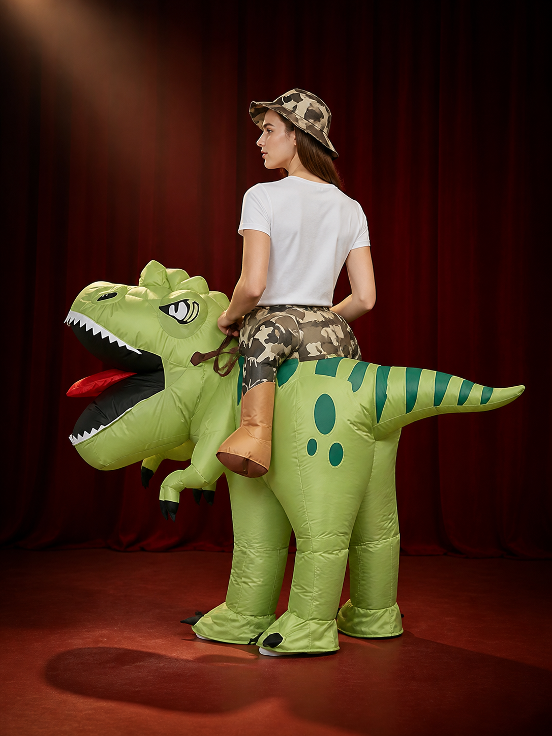 Green Dinosaur Inflatable Costume with Tail and Spots, Halloween Party Outfit back view