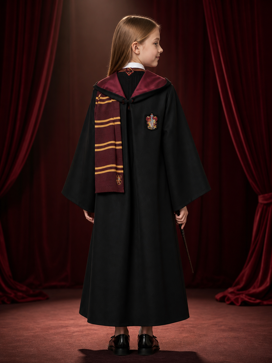 Kids' Burgundy and Black Hooded Wizard Robe Costume Set with Vest, Tie, Scarf back view