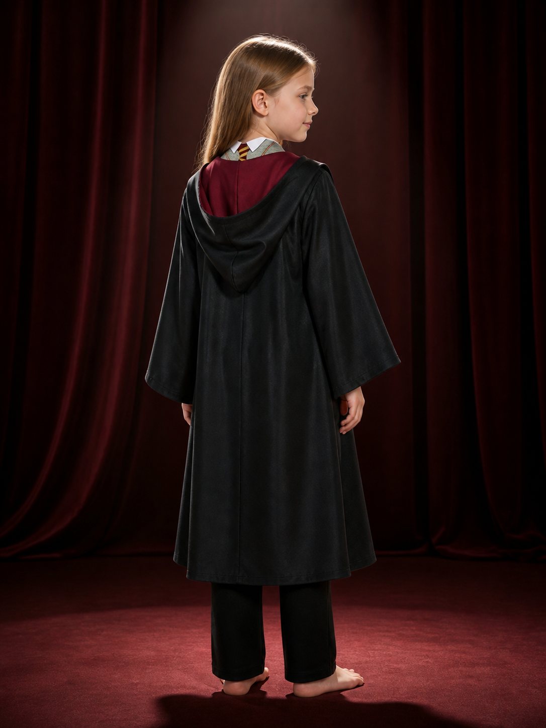 Kids' Wizard Costume Set, Hooded Robe, Gray Top and Black Pants back view