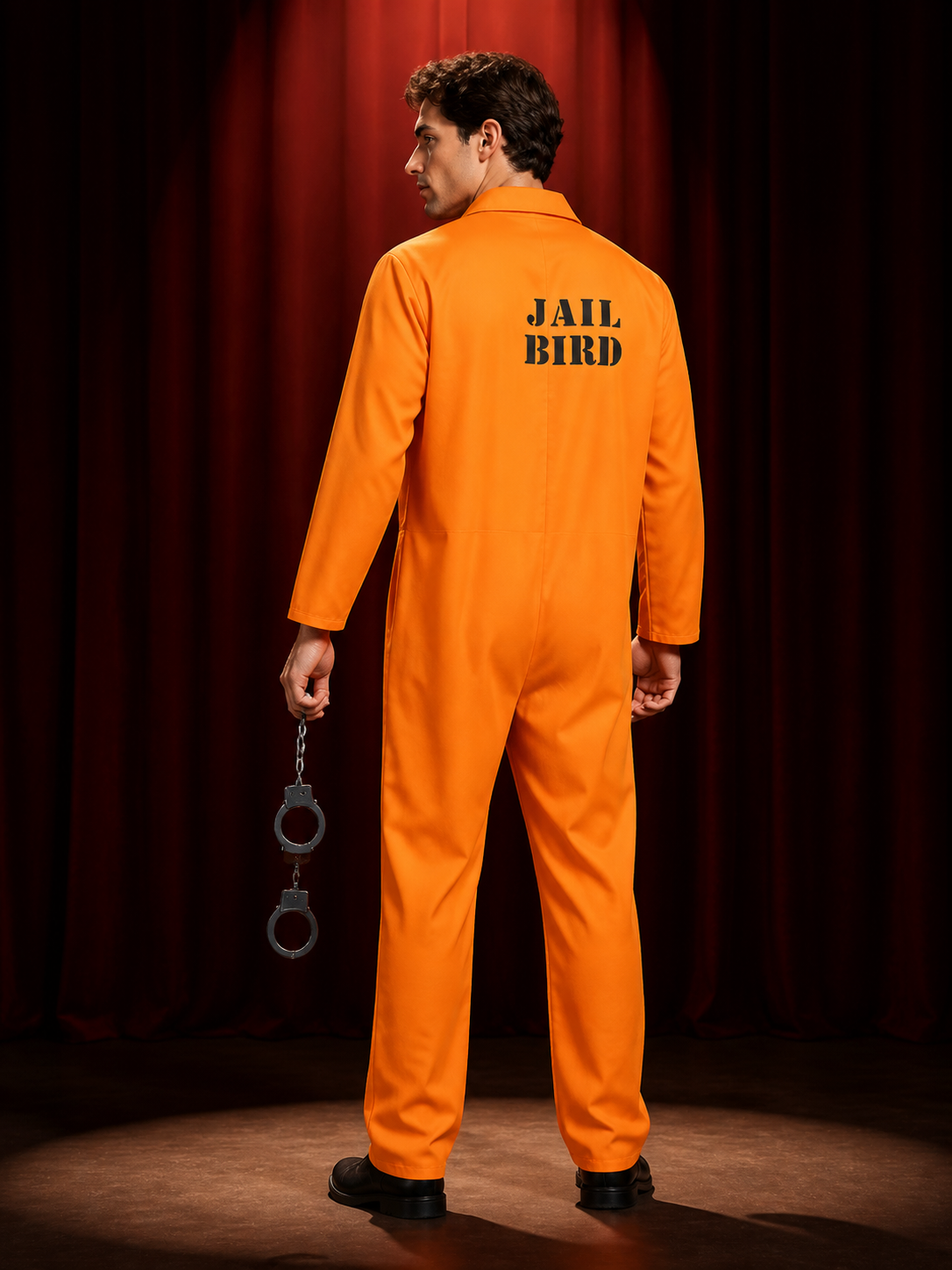 Orange Jail Bird Prison Jumpsuit Costume with Handcuffs back view
