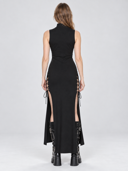 Black Gothic Dress with Lacing and High Slit