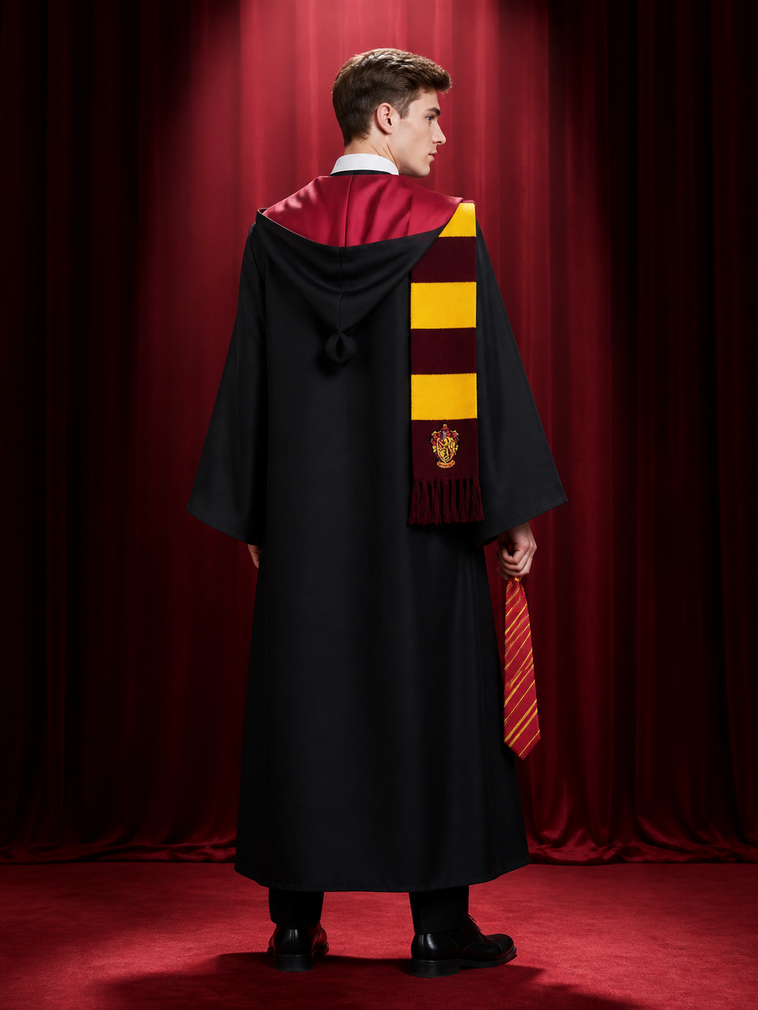 Wizard Costume Set, Long Hooded Robe with Tie and Scarf, Red and Gold Trim back view