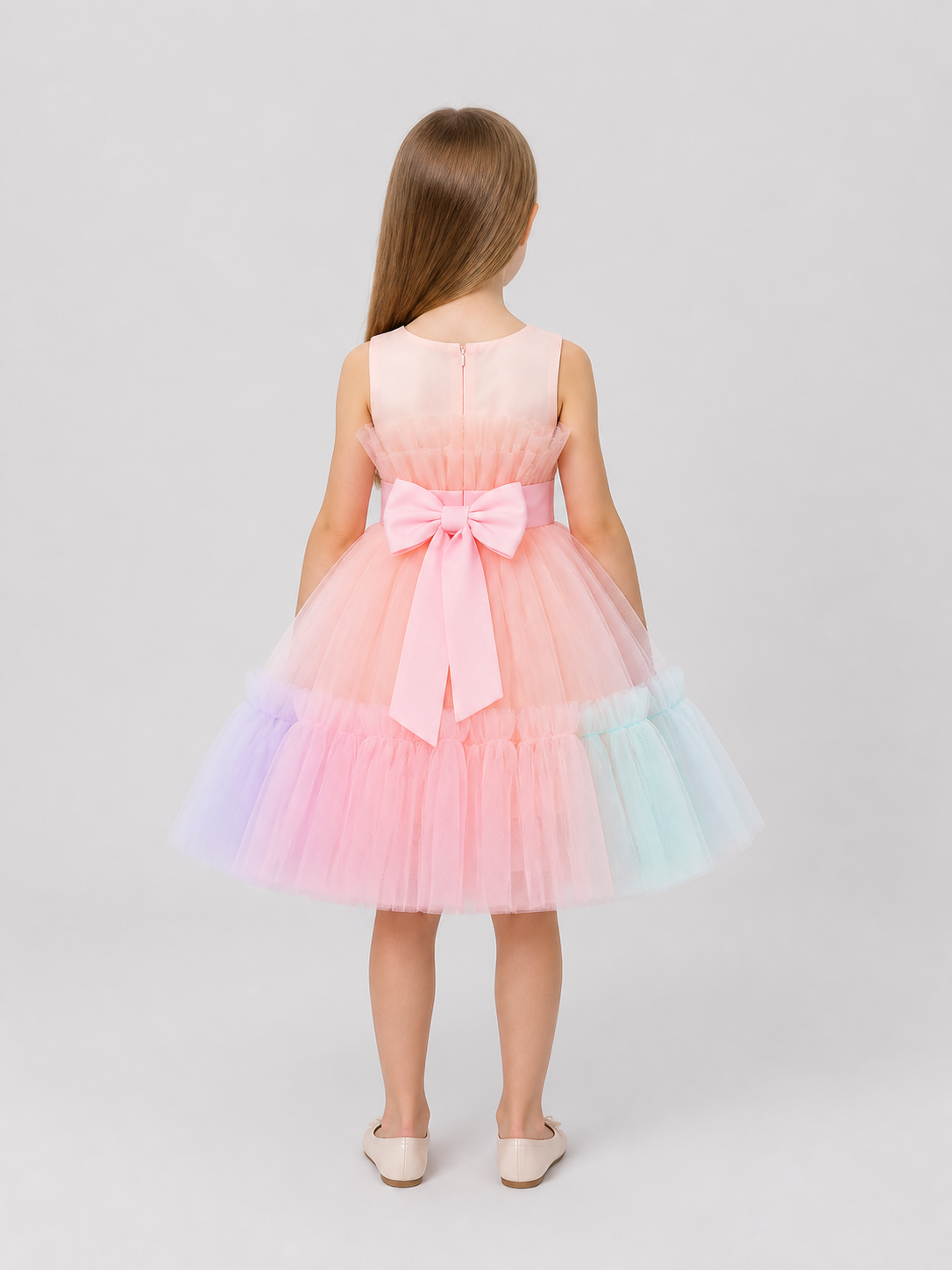 Fluffy Dress with Rainbow Tulle Skirt and Bow back view