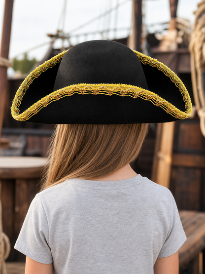 Children's black pirate tricorn hat with decorative gold trim for costume play and themed events