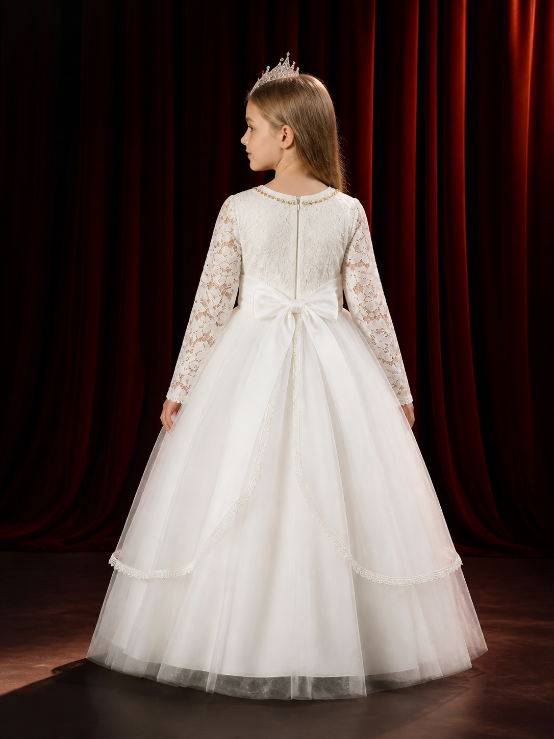 Girls' White Lace Long-Sleeve Princess Dress with Layered Tulle Skirt back view