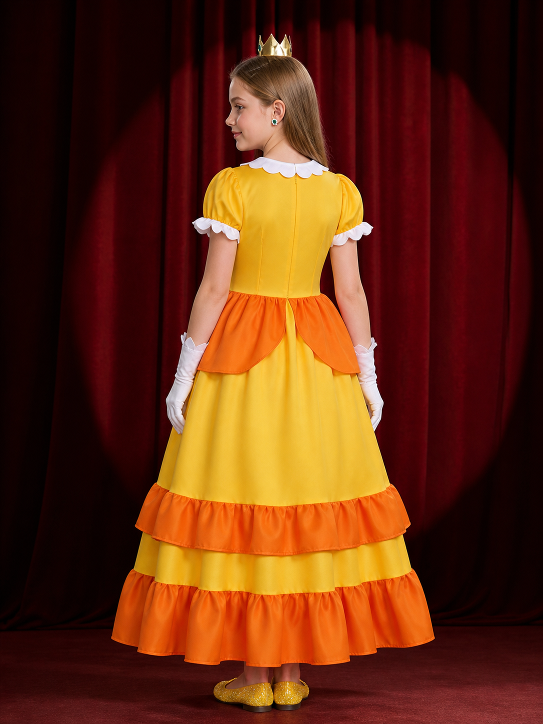 Kids Princess Halloween Costume Set - Yellow Orange Ruffle Dress With Crown back view