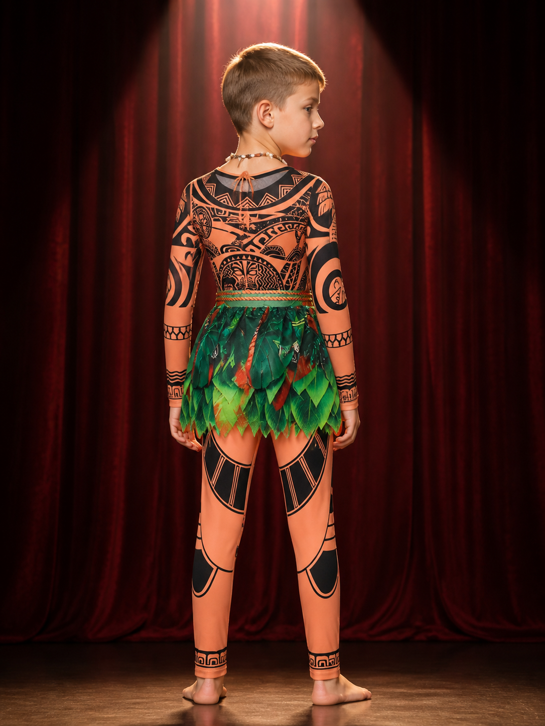 Boys' Tribal Print Bodysuit Costume Set with Leaf Skirt and Necklace back view