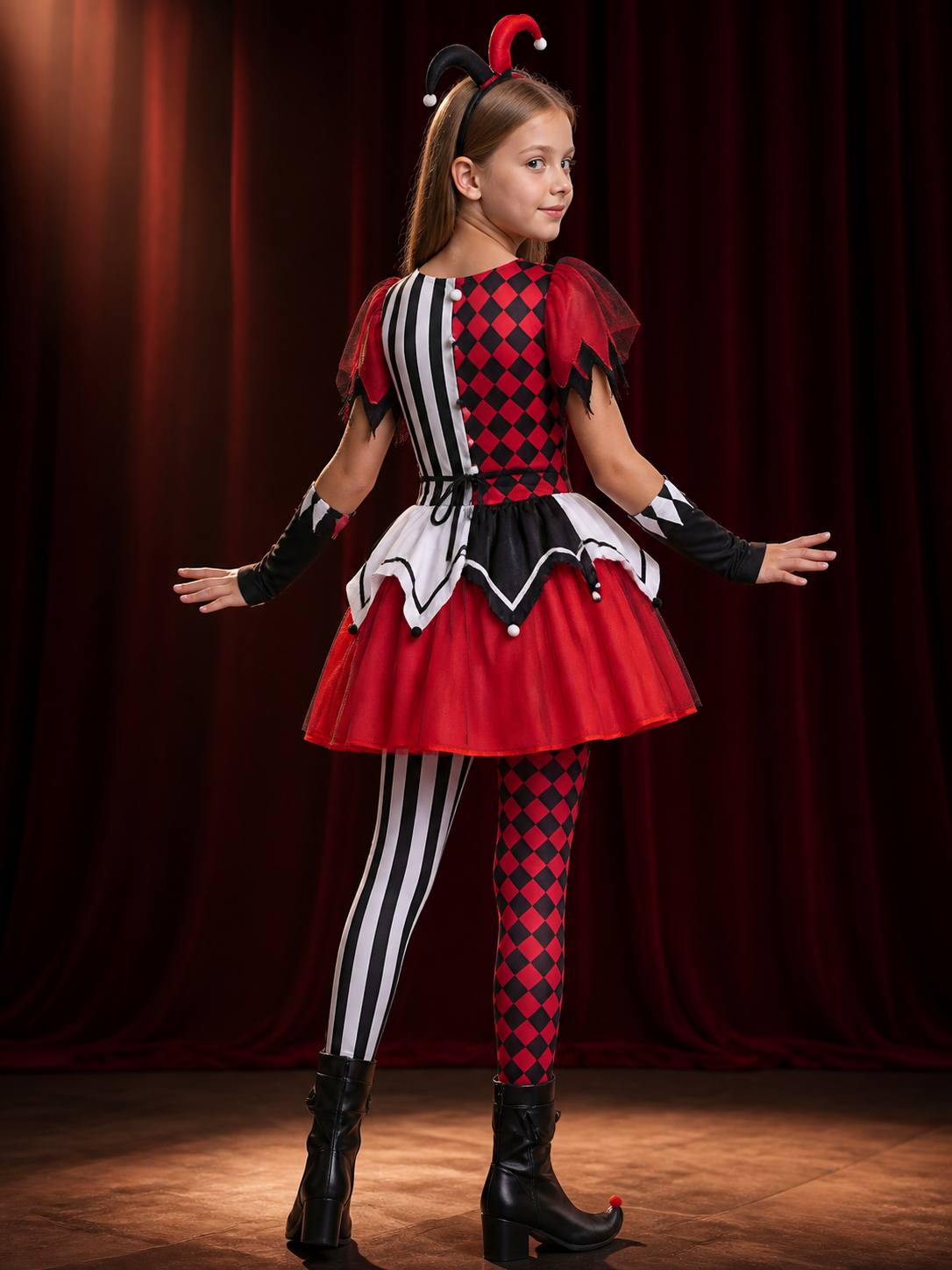 Kids Clown Costume Dress, Asymmetric Striped Tutu with Pom Pom Trim for back view