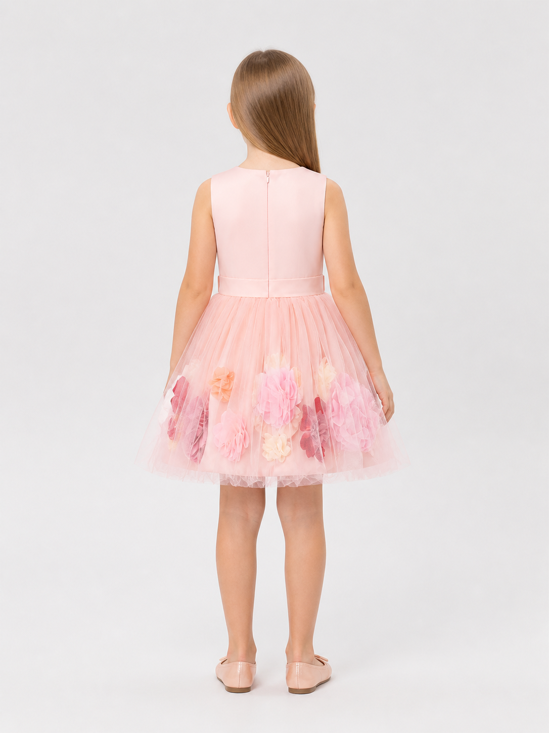 Pink Party Dress with a Full Tulle Skirt and Flowers