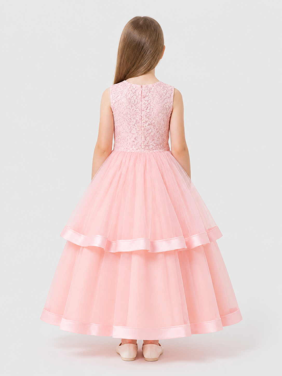 Girls’ Long Princess Dress with Lace and Tulle back view