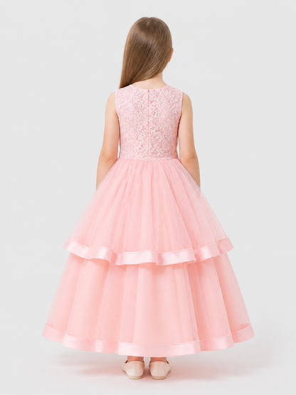 Girls’ Long Princess Dress with Lace and Tulle back view