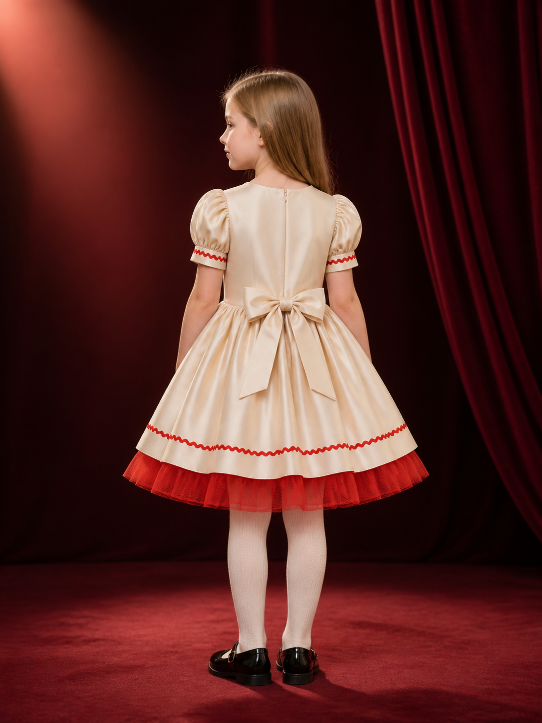 Girls' Christmas Princess Dress, Bell Print, Ruffle Trim and Tulle Skirt Costume back view
