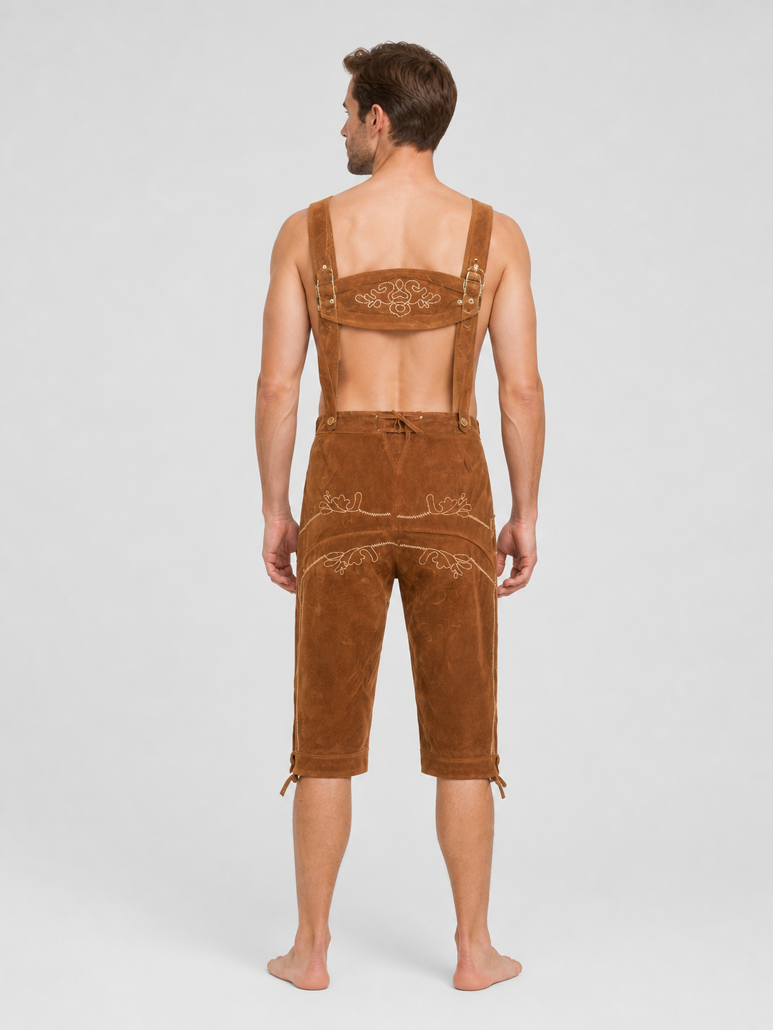 Oktoberfest Embroidered Bib Pants with Suspenders, Brown back view