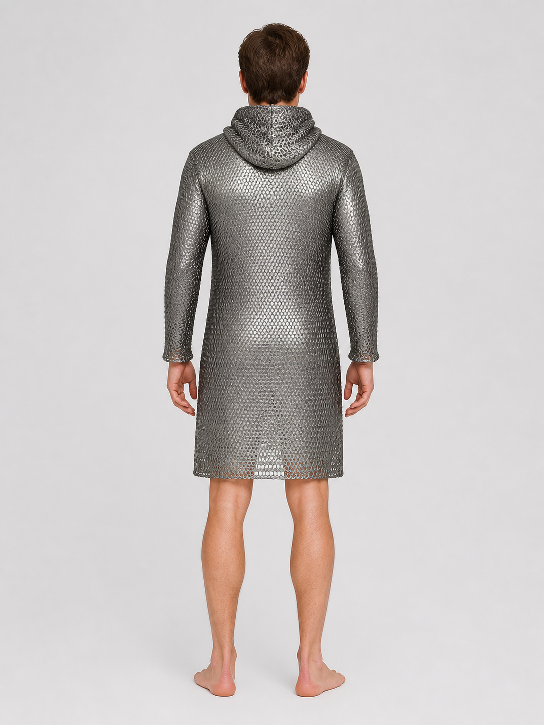 Silver Hooded Chainmail Dress with Diamond-Patterned Mesh back view