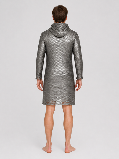 Silver Hooded Chainmail Dress with Diamond-Patterned Mesh back view