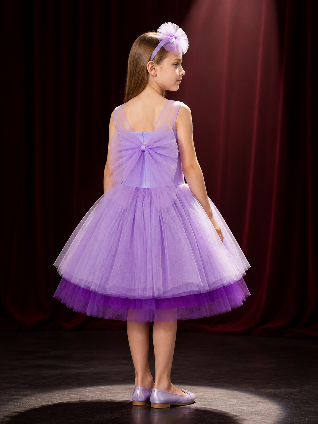 Baby Girls' Purple Princess Dress Set With Bow Headband, Layered Tulle back view