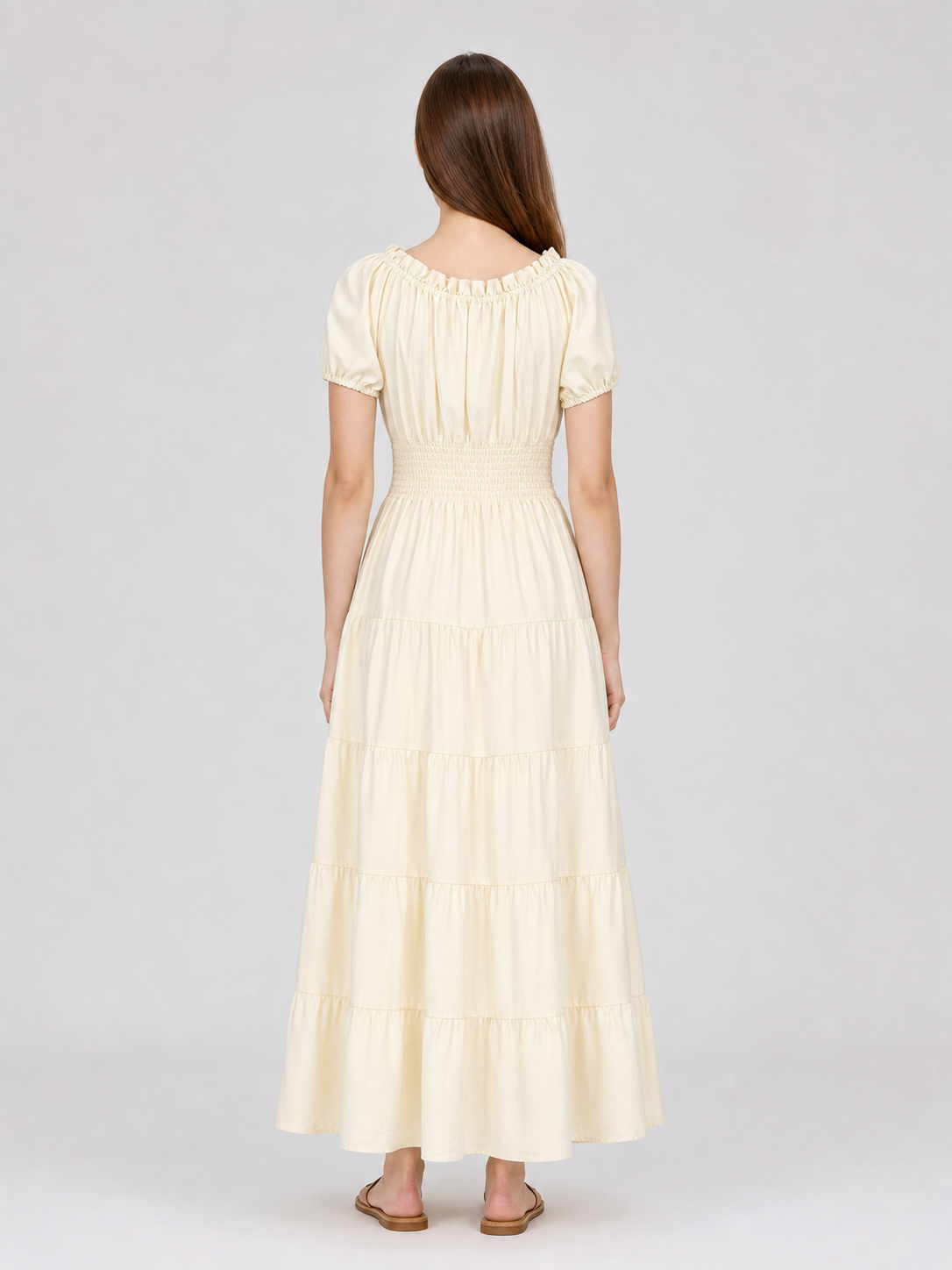 Tiered Dress with Puff Sleeves and Gathered Details