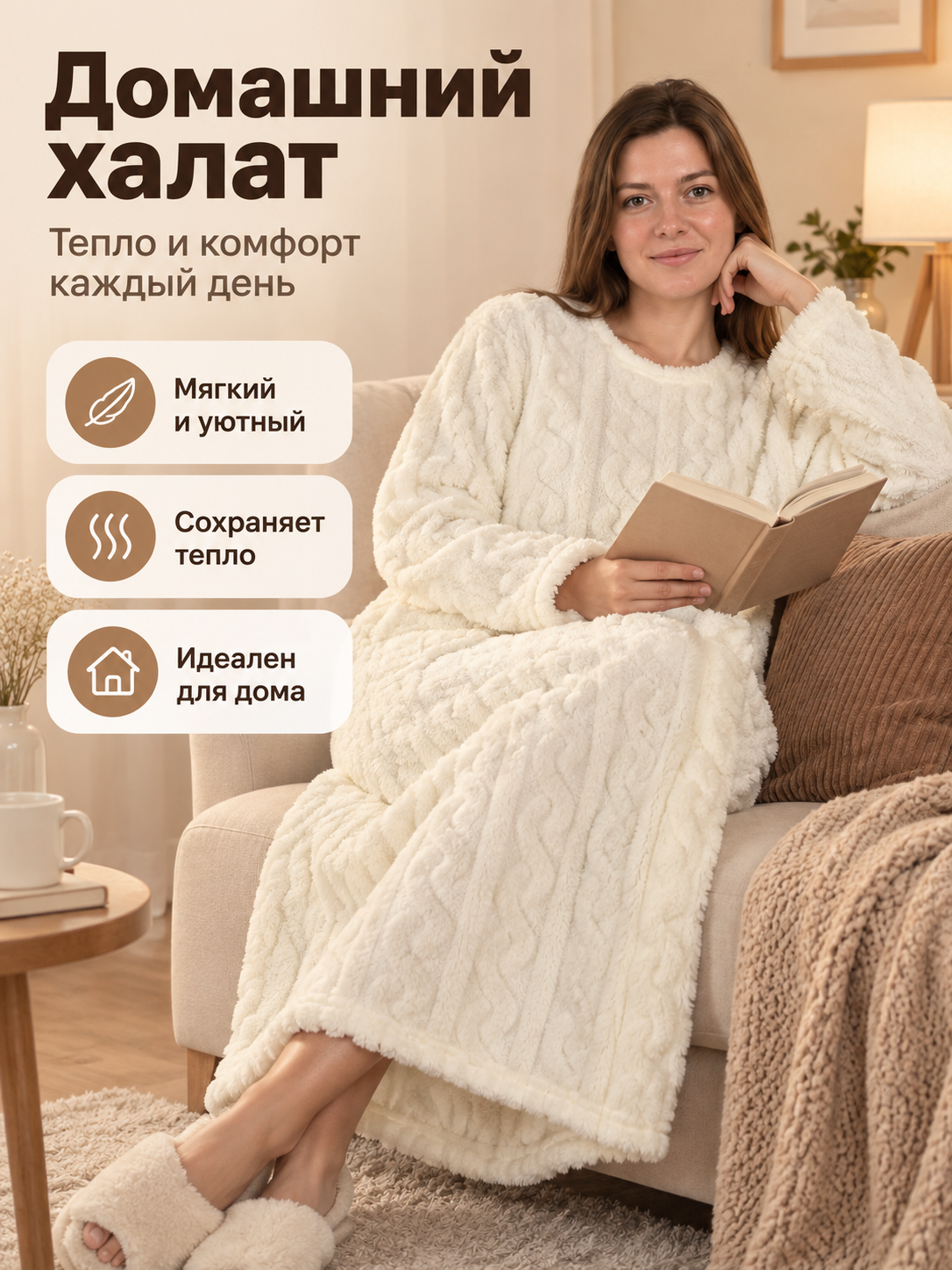 White Coral Fleece Home Robe with Textured Pattern