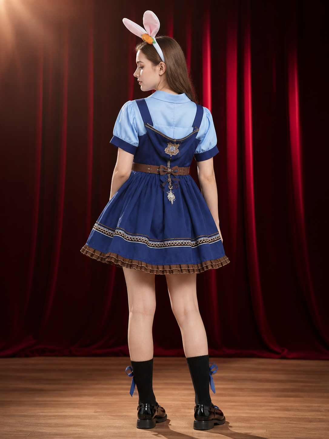 Children's Rabbit Police Costume Dress With Tie, Badge And Safety Shorts back view
